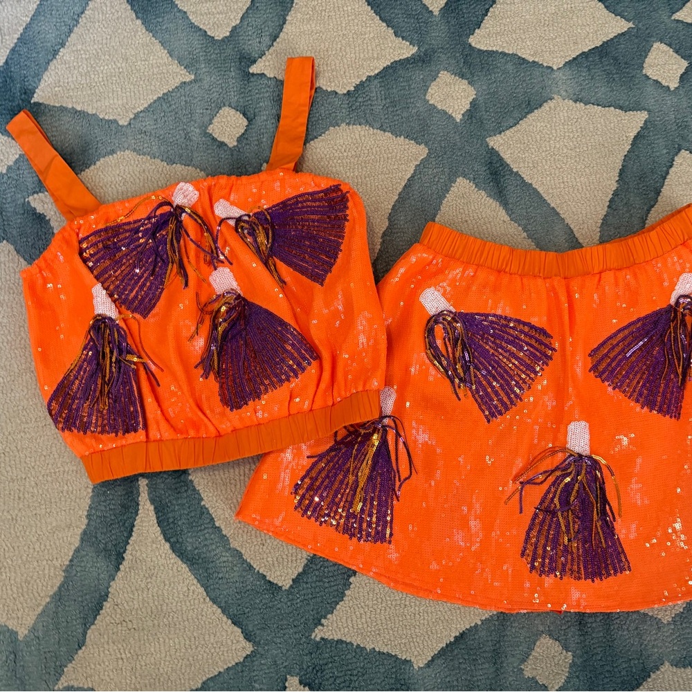 Queen of Sparkles Orange & Purple Tassel Top and Skirt Set - XS - NWOT